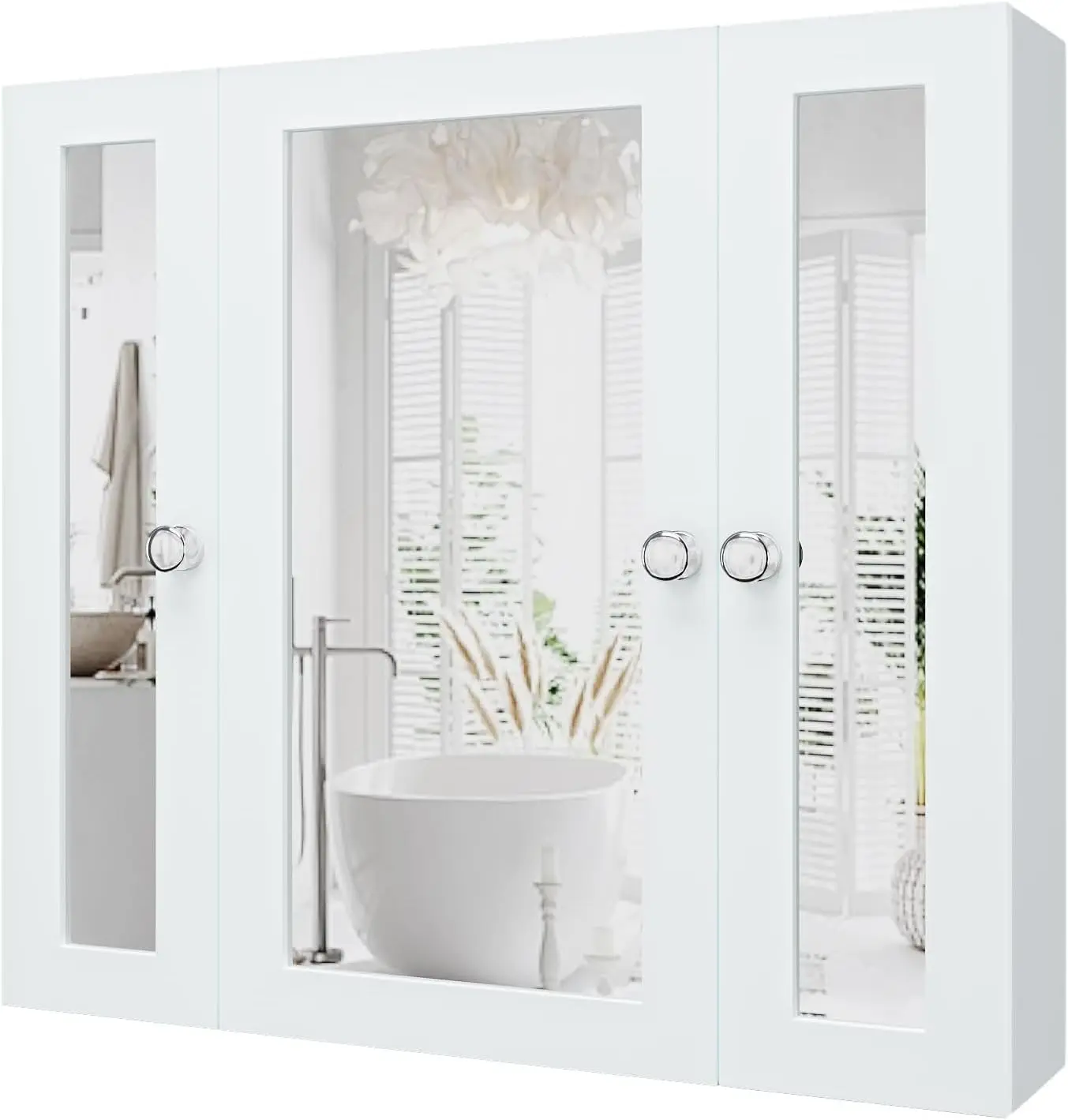 Bathroom Mirror Cabinet Wall Mounted Medicine Pharmacy Cabinets With 3 Doors, Waterproof Pvc White Color