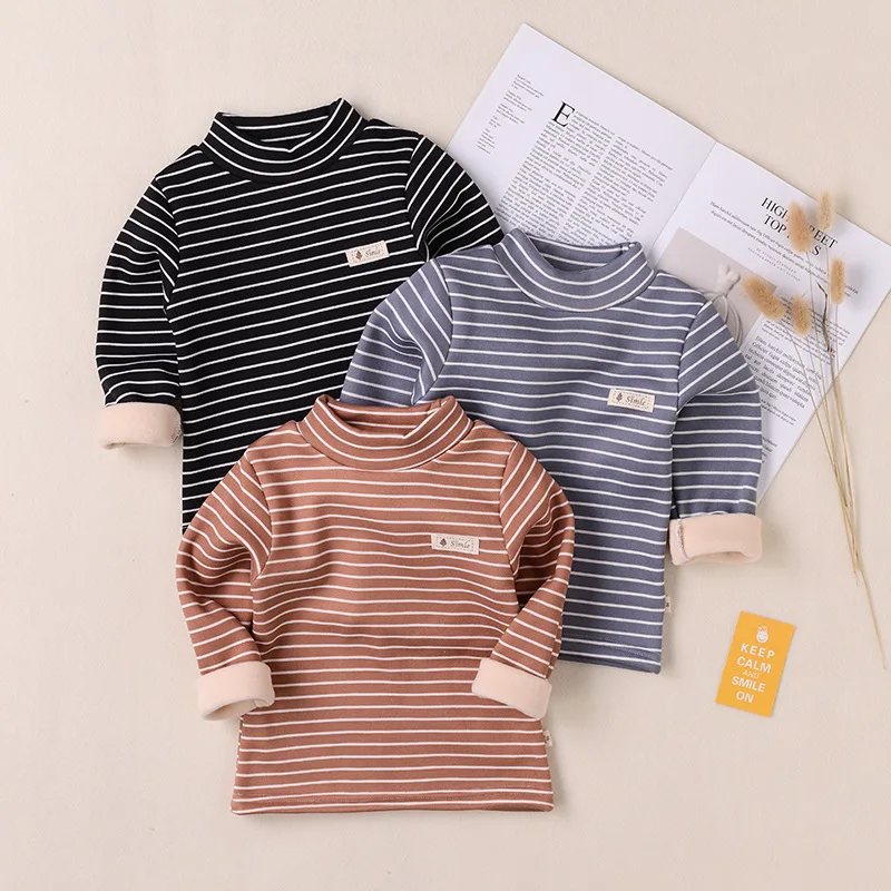 Winter Children Bottom Plus Velvet Girls Shirts Warm Tops For Boys Children Thermal Underwear Stripe Baby Tees Clothing