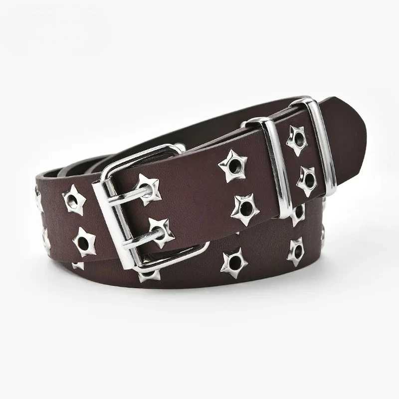 Sliver Star Eye Rivet Women Belts Double Row Needle Buckle Fashion Men's Belt PU Leather Belt Hip Hop Punk Rock Style Jeans Belt