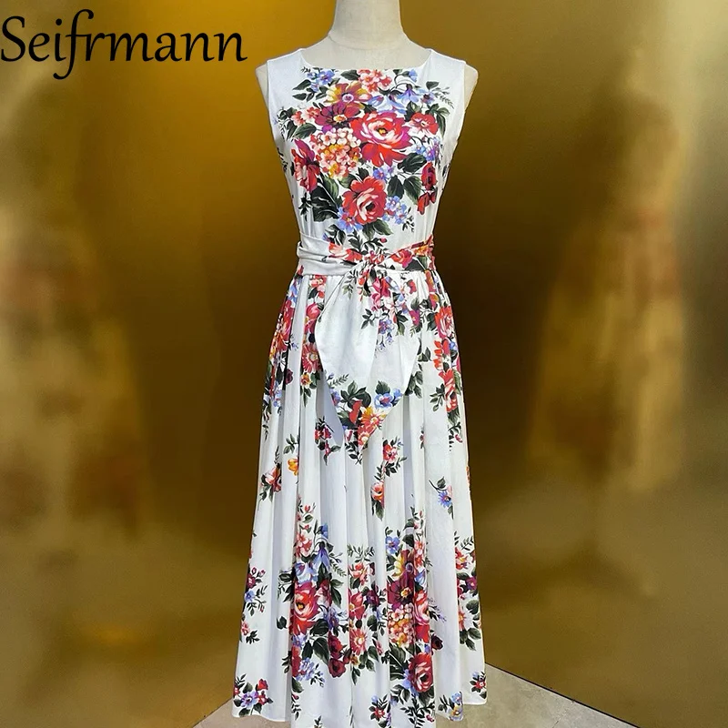 Seifrmann Sommerkleid für Damen, lässig, für den Urlaub, ärmellos, mit Schnürung, schmal geschnitten, hohe Taille, bedruckt, Baumwollkleider
