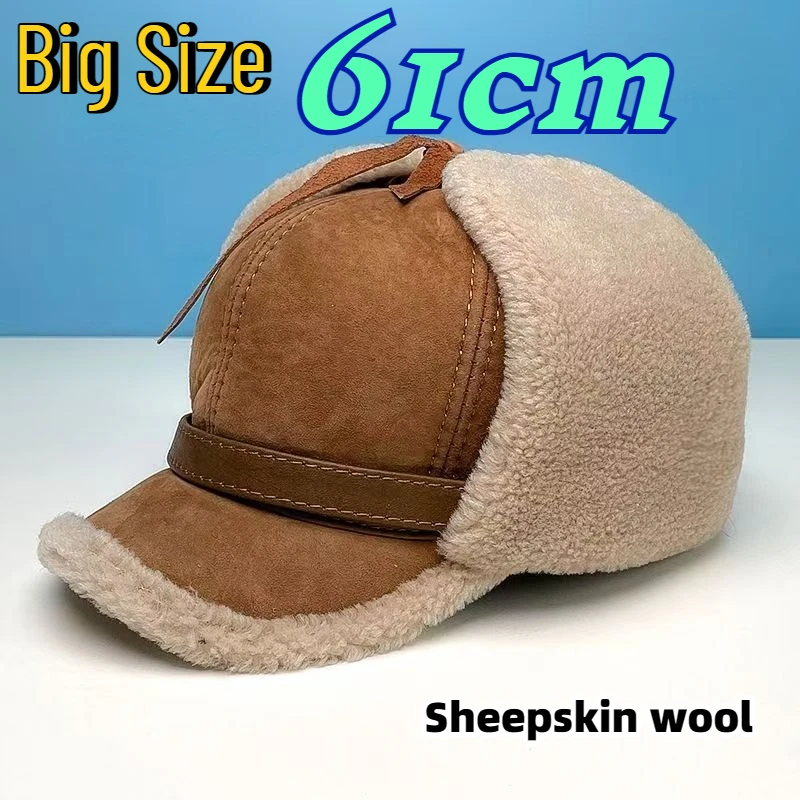 

2025 High Quality Winter Leather Bomber Hats Men Old Age Fur Lamb Wool Russian Pilot Hat Earflaps Ear Protection Baseball Caps