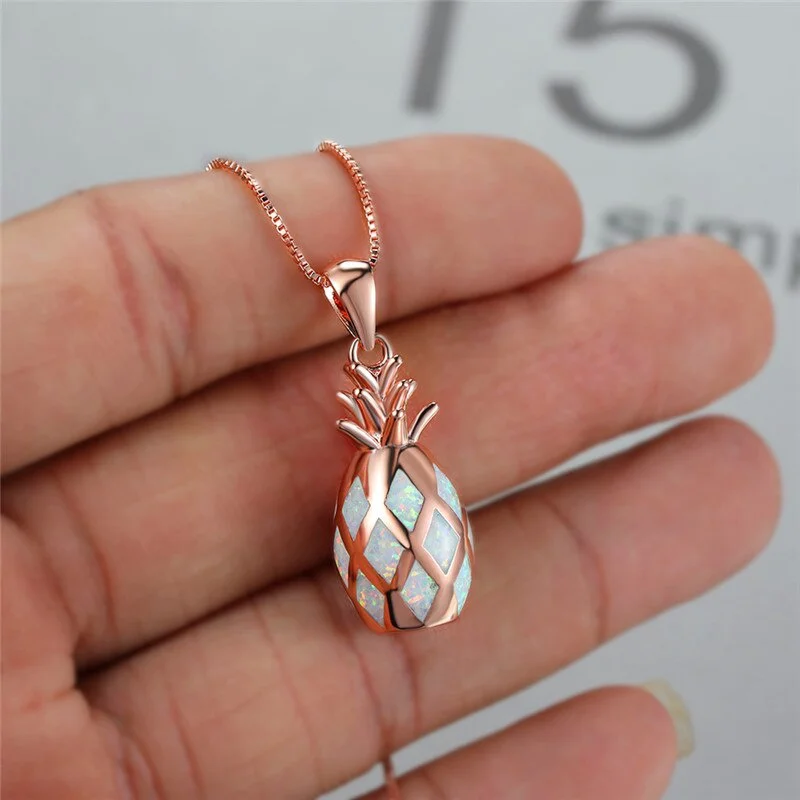 Cute Female Fruit Pineapple Imitation Opal Pendant Necklace Rose Gold Silver Color Chain Necklaces For Women Bridal Wedding