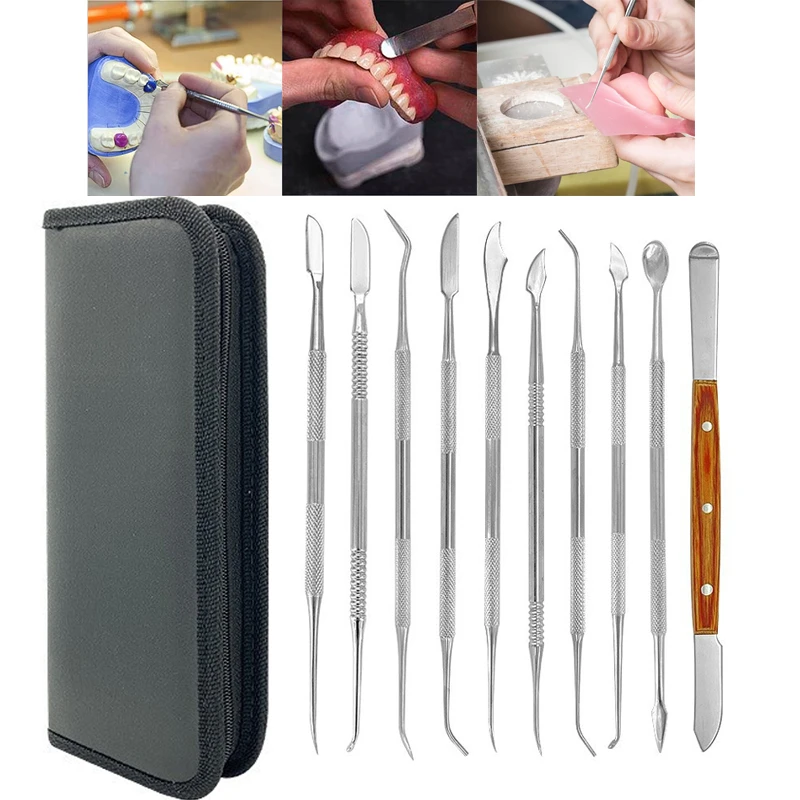 10pcs Stainless Steel Dental Wax Carving Tools Set Double-headed Pottery & Polymer Clay Tool With Case DIY Waxing Modeling Kits