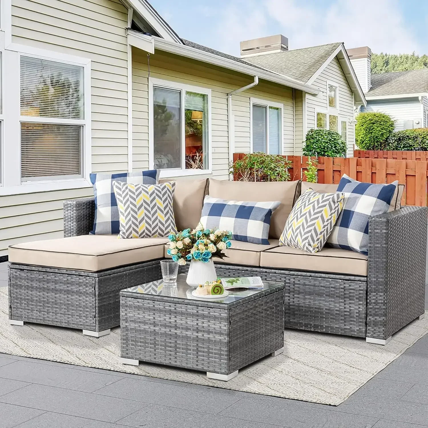 

zz Rattan Wicker Patio Furniture Sets, Outdoor Sectional Sofa, Small Conversation, Silver, All-Weather, 3 Pieces
