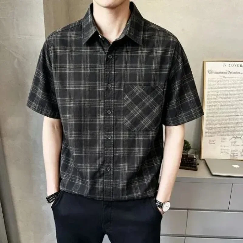 

Men's Short Sleeve Plaid Shirt Casual Turn Down Collar Cotton Button Up Shirt for Daily Wear Summer