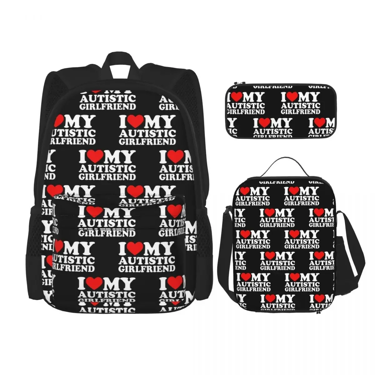

I Love My Autistic Girlfriend I Heart My Autistic GF Backpack Bookbag School Bags Rucksack Lunch Bag Pen Bag Three-Piece Set