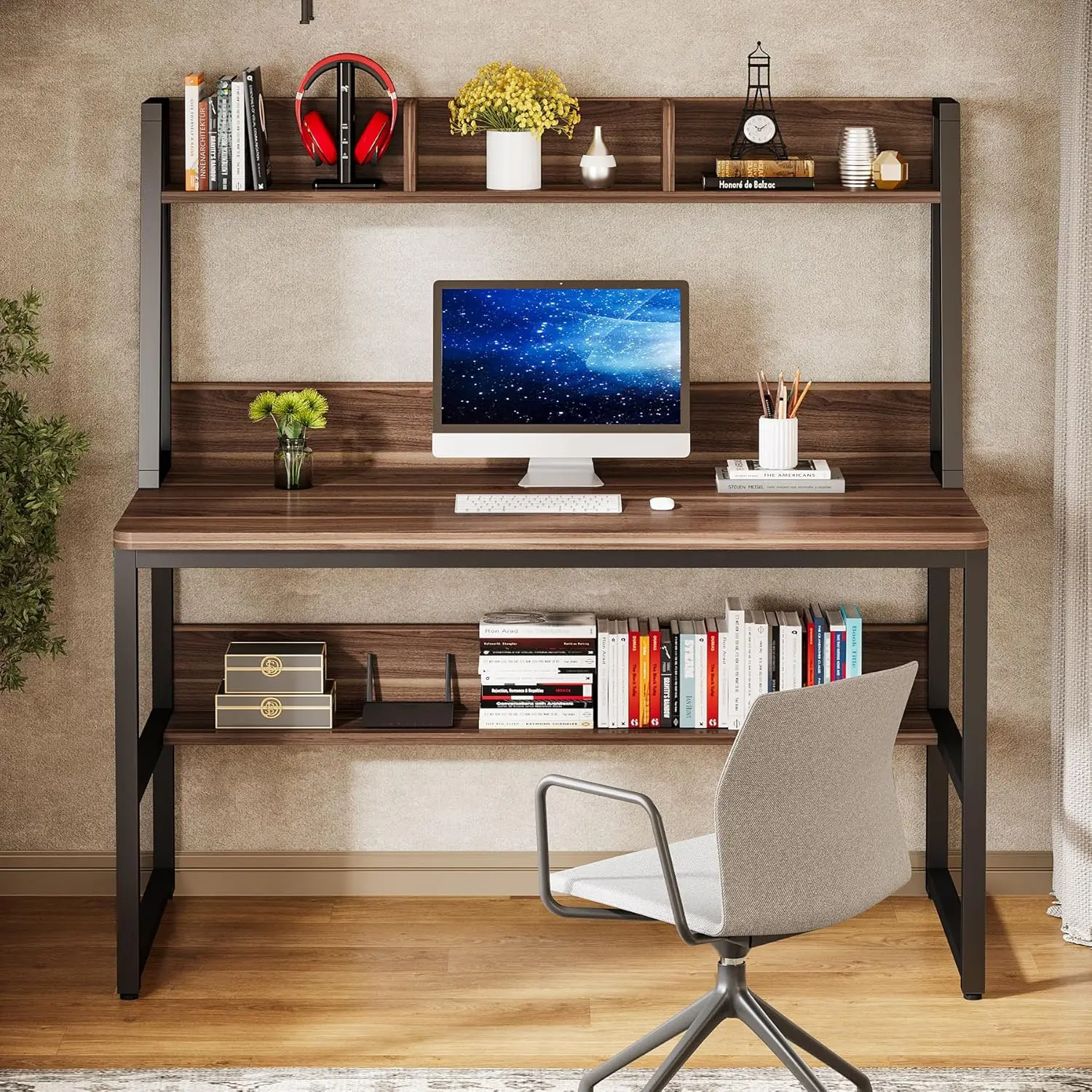 Mesa do computador com Hutch, Home Office Desk, Space Saving Design, Estante para espaços pequenos, 47 polegadas