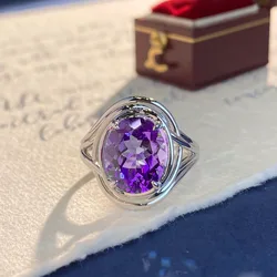 925 Silver Jewelry Natural AmethystResizable Rings Fine Accessories for Wedding Engagement Party for Girlfriend&Wife Gift