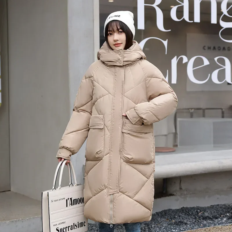 Feminino cor sólida grande bolso com capuz jaquetas casual médio longo parka outono inverno rhombic treliça casaco solto 2024