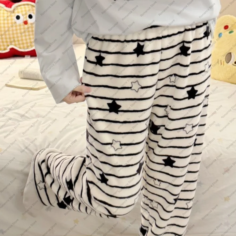 

Women's Autumn and winter Classic striped long pants pajama pants warm flannel casual and simple loose home pants for going out