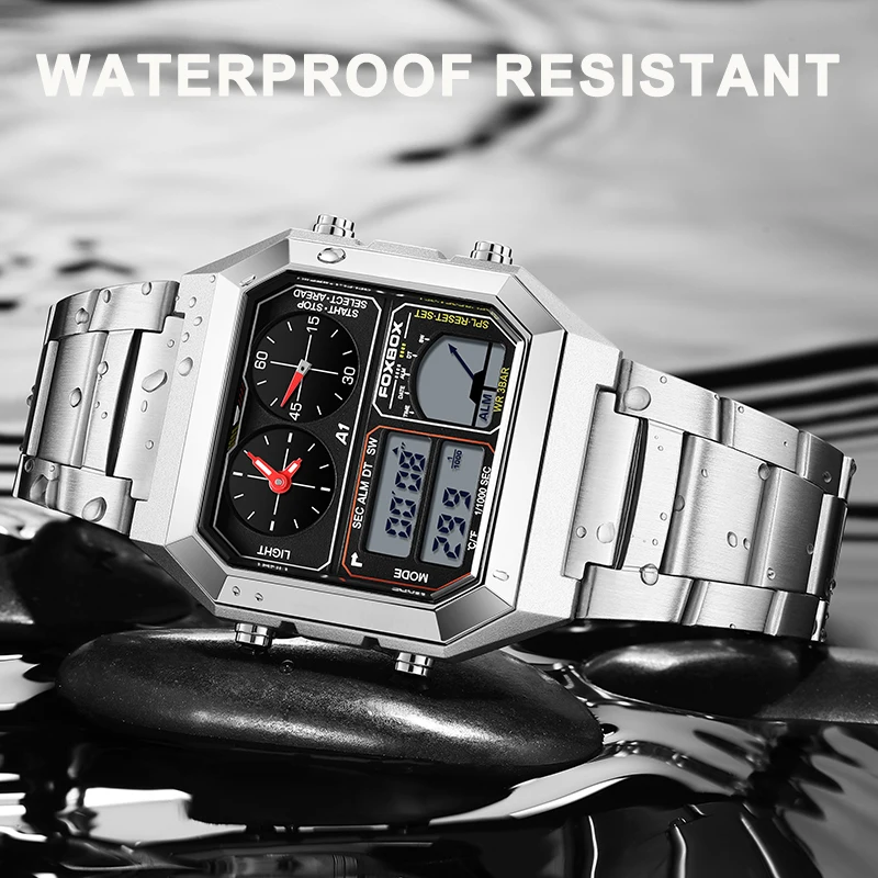 LIGE FOXBOX Fashion Dual Digital Man Watch Business Stainless Casual Sports Electronic Men's Watches Waterproof Alarm Wristwatch