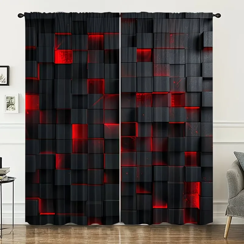 

2Pcs Curtains Black Cubes and Red Grid Background Window Drapes for Bedroom Living Room Decoration Window Treatment.