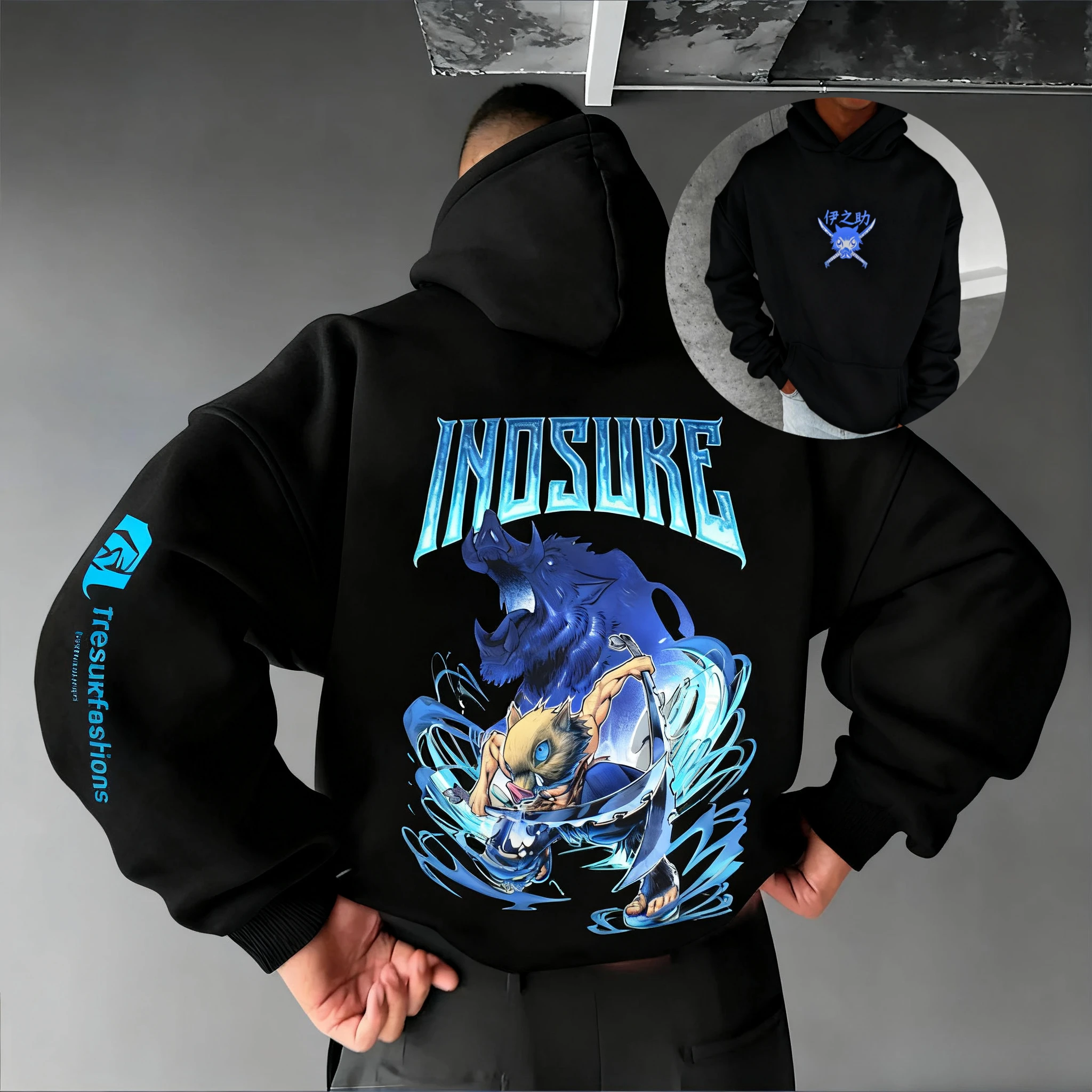 بانداي 2026 جديد شيطان القاتل كيميتسو نو يابا إينوسوكي مطبوعة الرجال سترة دافئة الوالدين والطفل حجم كبير فضفاض كم طويل #4