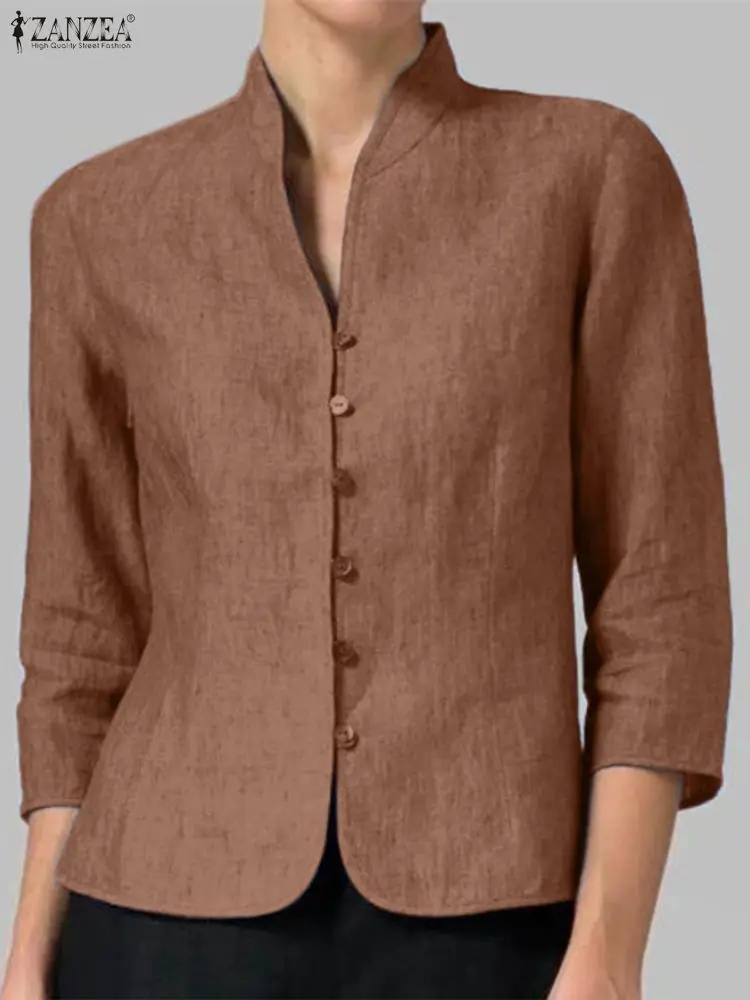 2025 ZANZEA النساء الخريف قمصان جينز 3/4 كم أزرار الخامس الرقبة أنيقة مكتب سيدة البلوزات بلوزات على الموضة الصلبة الإناث Blusas #4