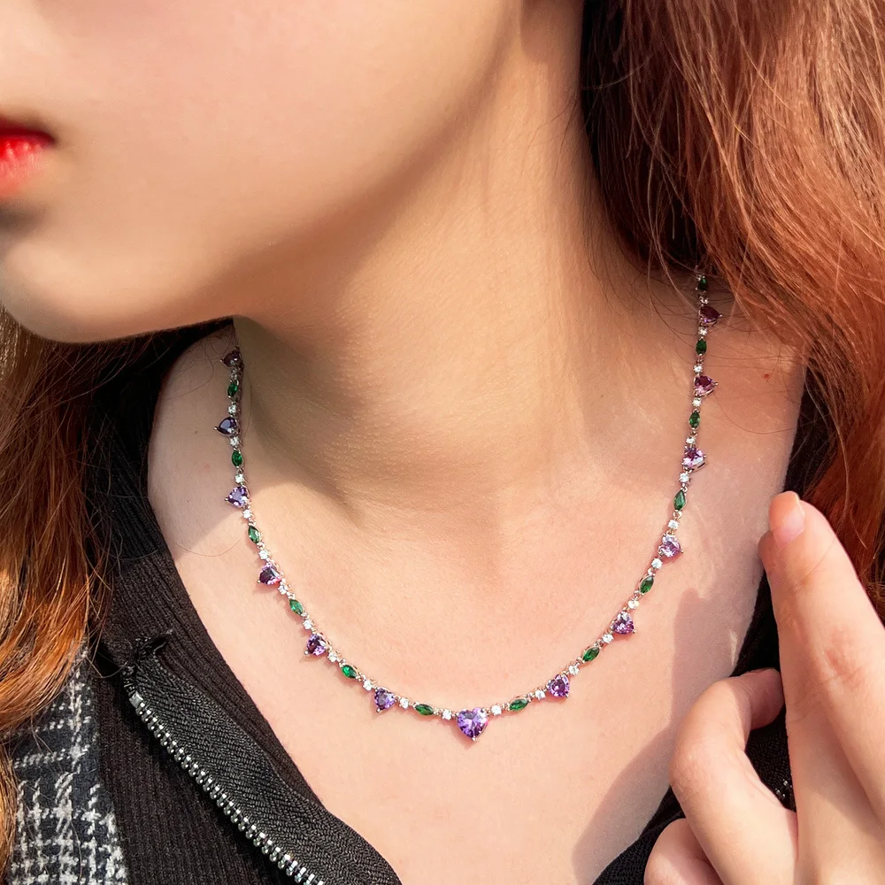 CWWZircons Heart Shape Purple Green Cubic Zirconia Choker Chain Link Tennis Necklace for Women Summer Party Jewelry Gift CP111