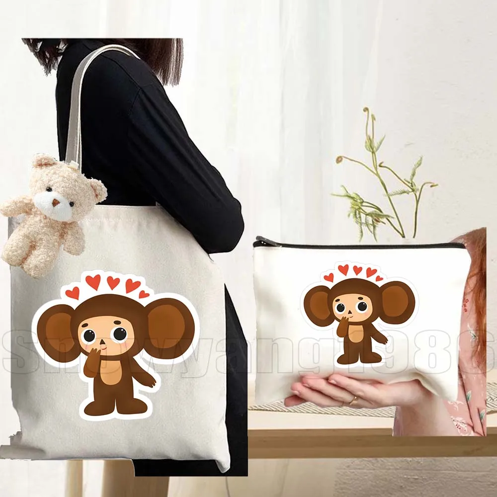 

3pcs Cheburashka Moscow Russian Bear Cartoon Gifts Makeup Cosmetic Bag Durable Canvas Funny Tote Bag Shopper Shoulder Handbag