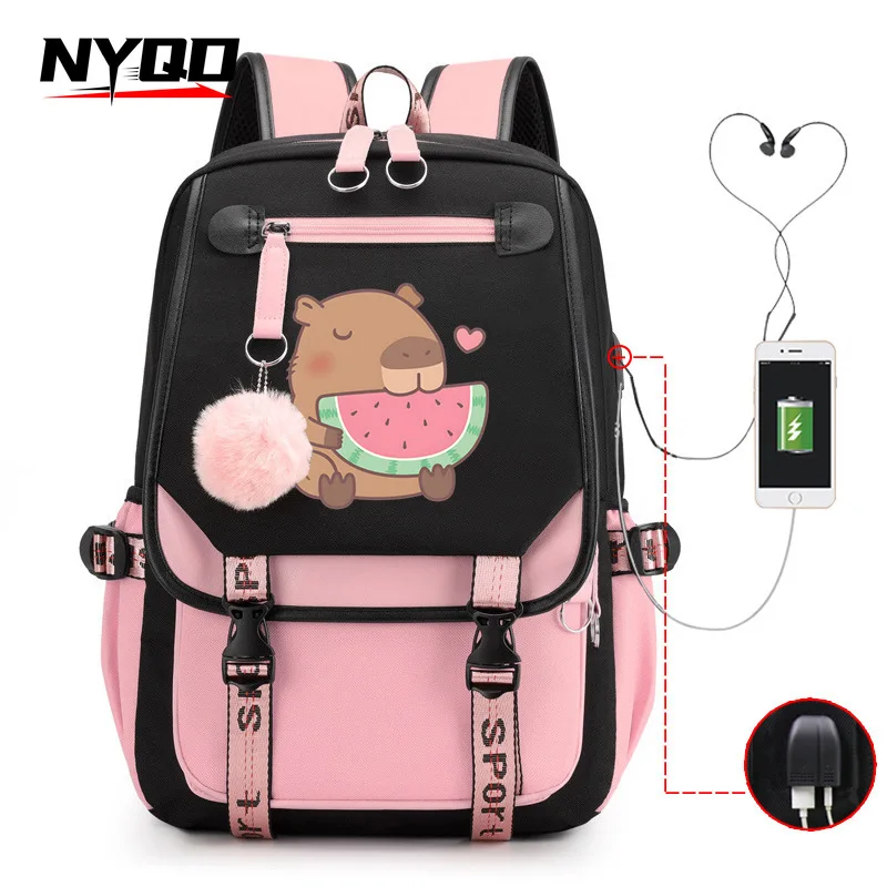 Mochila escolar para adolescentes kawaii capivara bpba chá mochila de carregamento usb mochila escolar menina crianças adolescente bagpack