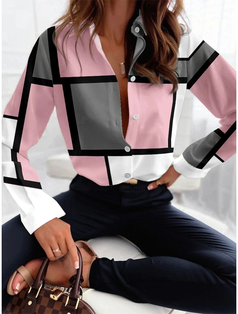 New Women\'s Shirt Blouse Plaid Pink Blue Purple Print Button Long Sleeve Casual Fashion Shirt Collar Regular Fit Spring & Fall