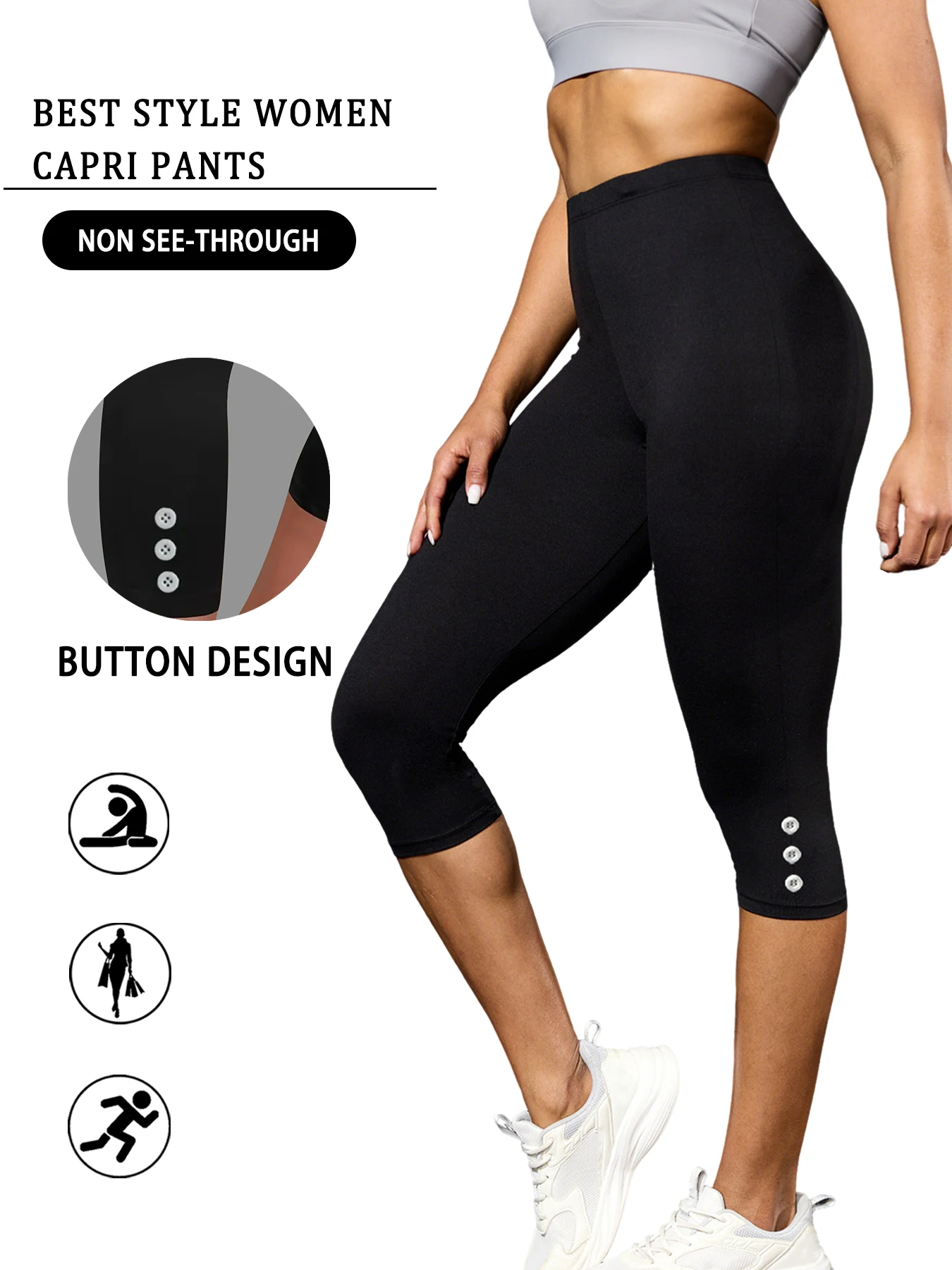 

Women's Super Soft Capri Pants With Side Button Detail, No See Through Workout Running Yoga Athletic Leggings