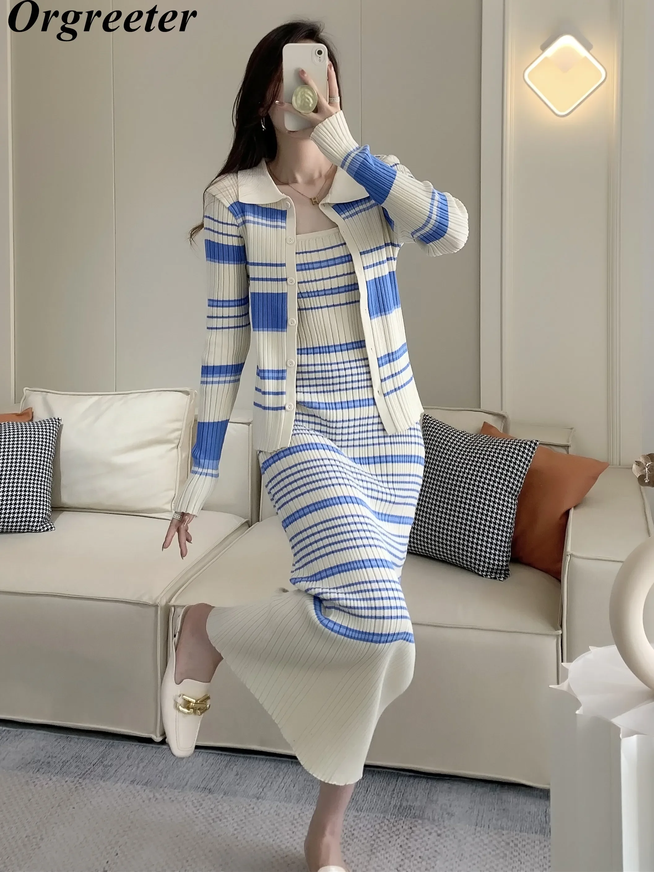 Casual Knitted Skirt Suits Female Korean Fashion Striped Long Sleeve Cardigan Sweater Coat Strapless Mid Dress 2 Piece Sets