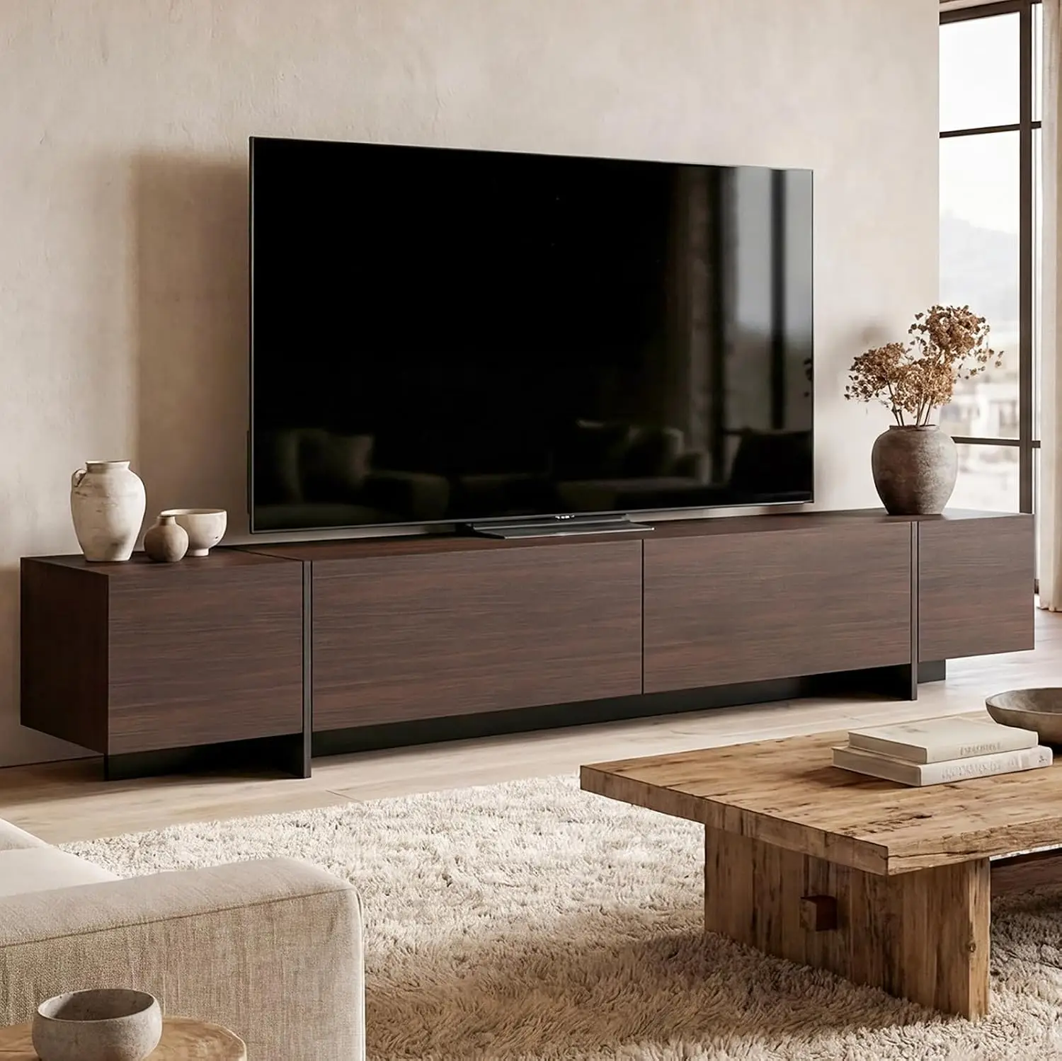 Modern TV Stand with 4 Flip-Down Drawers & Storage, Media Console Cabinet for Living Room 95.1