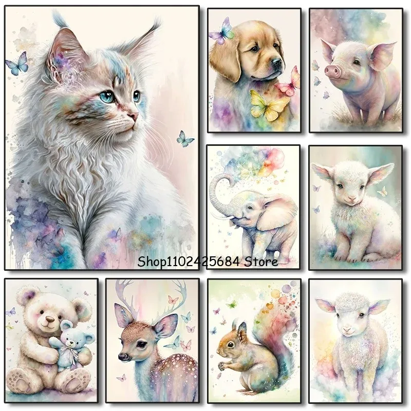 Modern Watercolor Poster Cute Animal Sweet Little Deer and Cat Canvas Printing Painting Children's Room Wall Art Home Decoration