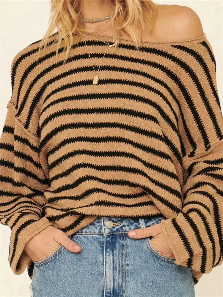 2024 Fashion Women Loose Casual Knitted Sweaters Striped Long Sleeve Round Neck Pullovers Spring Fall Jumpers Tops Streetwear