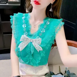 French Style Tank Women's Outer Wear 2024 Summer New Design Sleeveless Top Bow Lace Ruffles Beaded V Neck Tanks