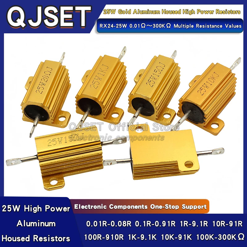 1pcs Gold Aluminum Housed High Power Resistors RX24-25W 0.01R-300K Ohm 1 2R 3R 4R 5R 6R 8R 10R 20 30 100 Ohm 1K 10K 100K Ohms
