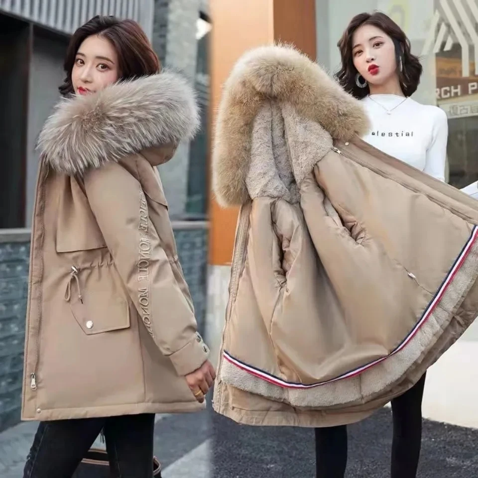 Detachable Short Parka Women\'s 2024 Winter New Fur collar Thicken Cotton Snow Jacket Ladies Warm Outerwear Female Hooded Parkas