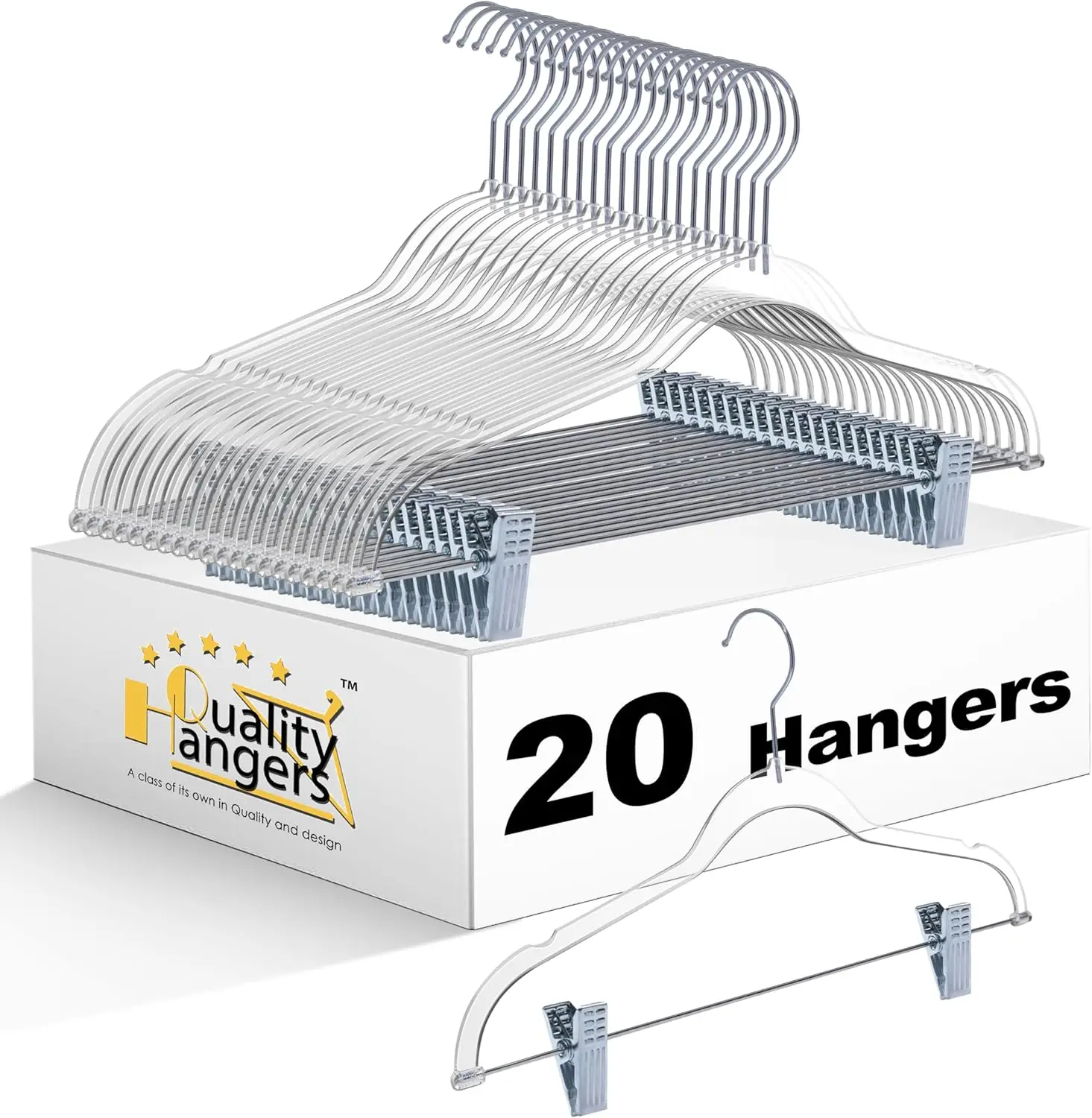 

Clear Plastic Pants Hangers with Clips 20 Pack, Heavy Duty Skirt Hangers with Swivel Hook and Notches, Space Saving Acrylic Clip