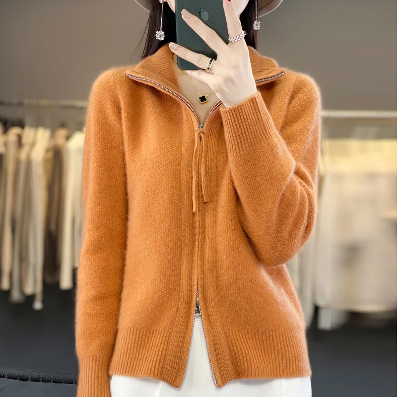 European Fat MM Stand Collar 100% Wool Zipper Knit Cardigan Women Loose Large Size Sweater Autumn and Winter Thick Hot Sale Top