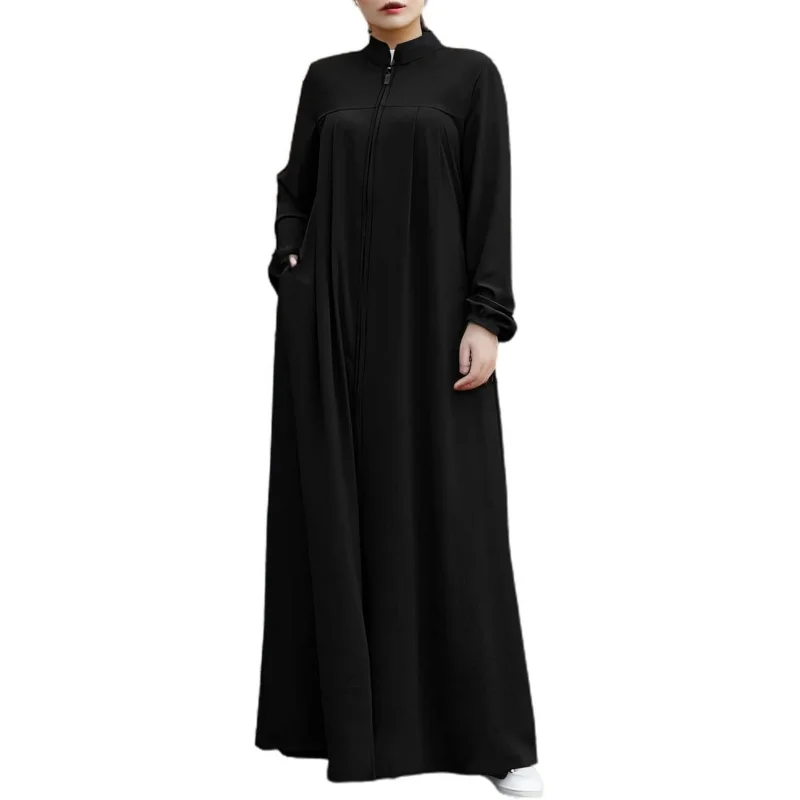 

Womens Abaya Muslim Long Sleeve Front Zipper Dress Prayer Islamic Clothes with Pockets