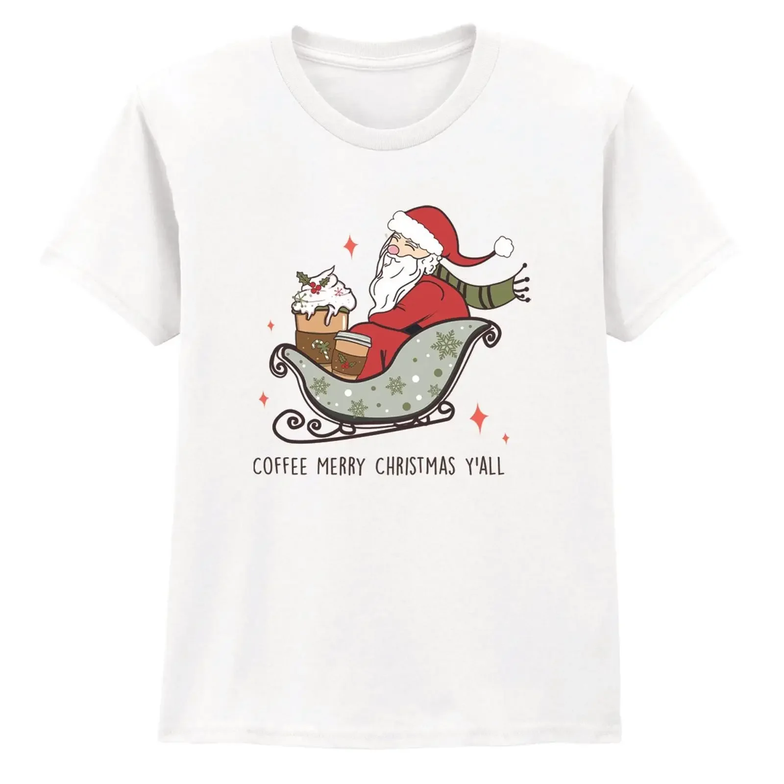 Coffee Merry Christmas Yall Santa Sleigh Holiday Kids T Shirt vintage Washed Soft Breathable Versatile Top For Everyday Wear