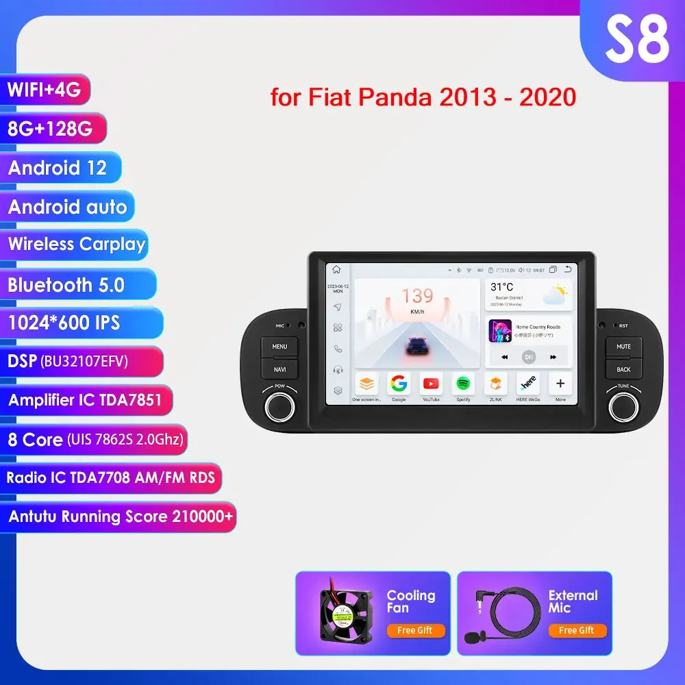 7 "autoradio Android voor FIAT Panda 2013 - 2020 Stereo Multimedia Speler Navigatie Autoradio Carplay Auto AI Intelligent Systeem