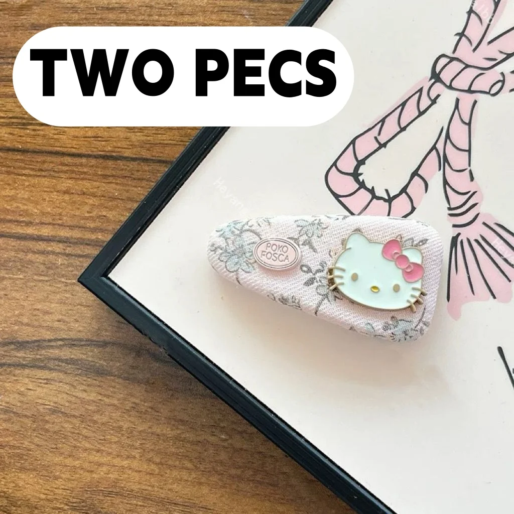 Hello Kitty Two Pecs Vintage Style Floral Print Fabric Metal Hair Accessories Bangs Hair Clip Cartoon Birthday Gift for Students