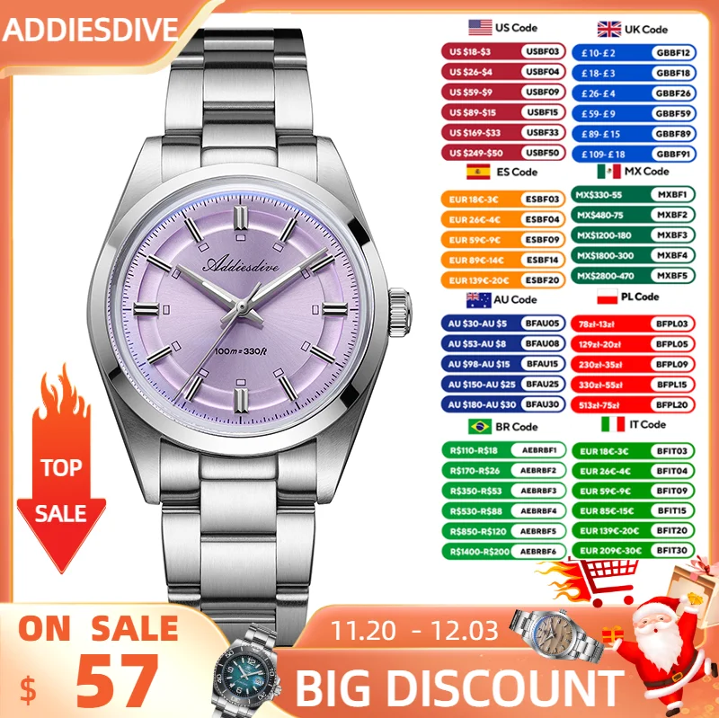 

ADDIESDIVE часы для мужчин, новые кварцевые наручные часы 36 мм, пузырьковое стекло, 100 м, водонепроницаемые, BGW9, светящиеся часы из нержавеющей стали VH31