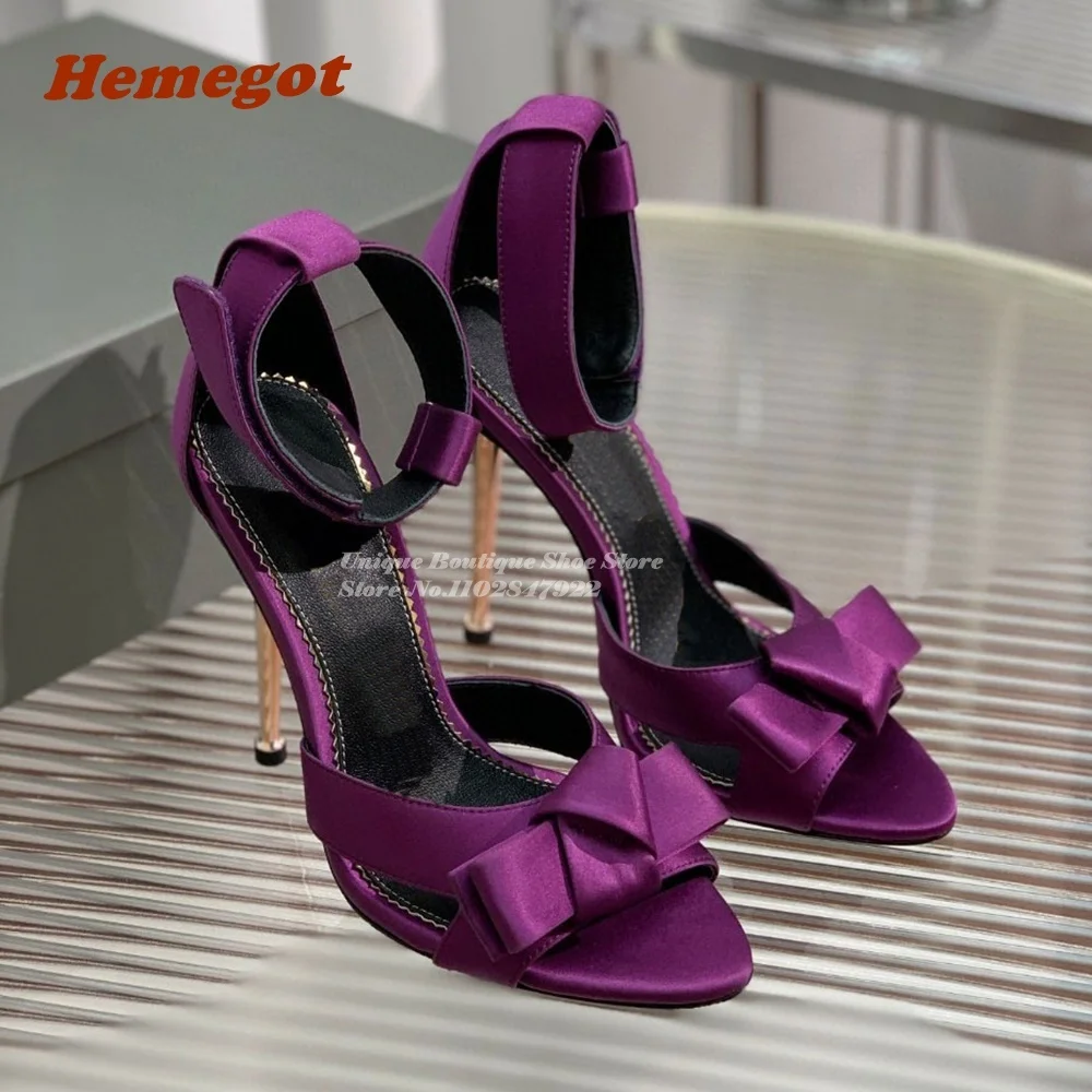 Purple Knot Satin Metal Heel Sandals 2023 New Peep Toe Stiletto Buckle Ankle Strap Women's Sandals Summer Party Runway Shoes