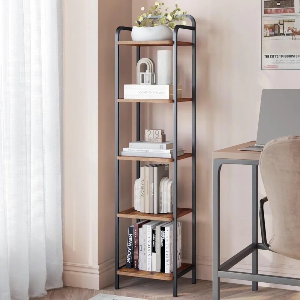 Narrow Book Shelf, Industrial Corner Shelf Storage Organizer, Slim Shelving Unit for Home Office, Living Room5-Tier, Bookcases