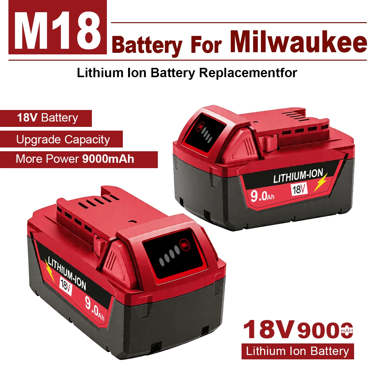 

For Milwaukee M18 9.0Ah Battery and Charger Kit XC 9000mAh Replacement for 48-11-1860 M18B5 18V Li-ion Cordless Power Tool 18650