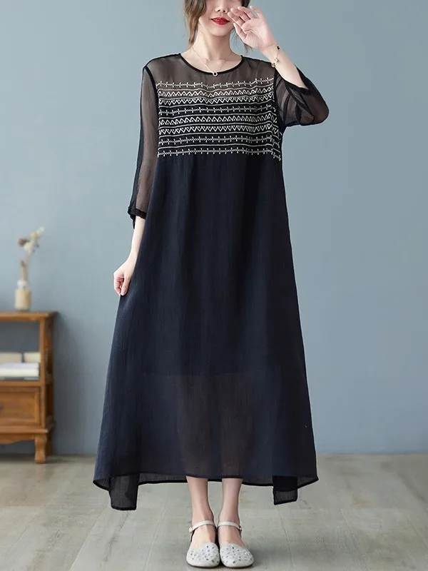 Couleur artistique Blo brodé Me panneaux Long Dr grande taille t-shirt femme quart Sve rond Ne une jupe trapèze