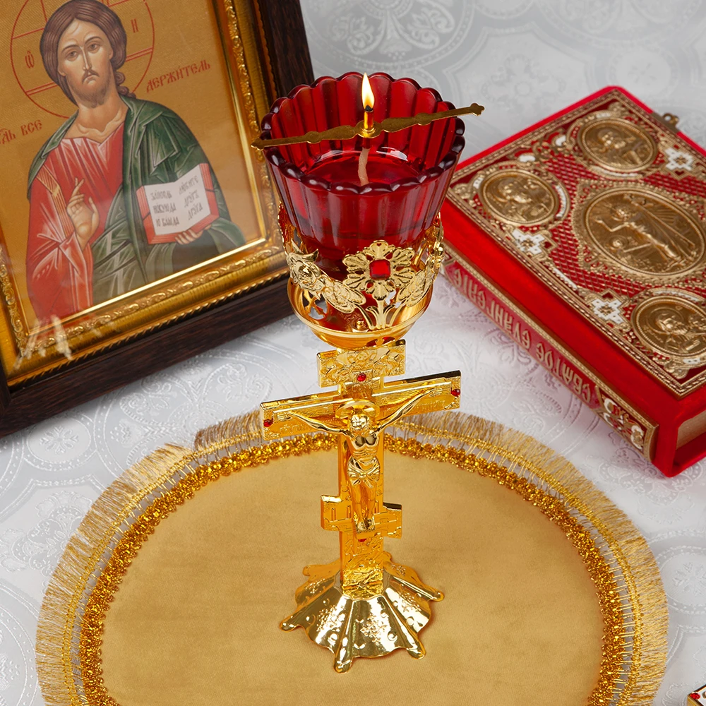 Gold Plated Crucifix Orthodox Votive Candle Holder Red Glass Cup Floral Hollow Frame Church Chapel Liturgical Prayer Decor Gift