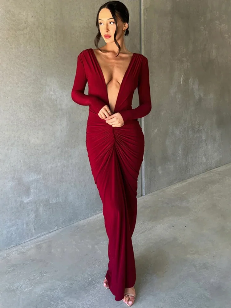 CPSYMYM Autunno Nero Maxi Abiti per Le Donne Profondo Scollo a V Maniche Lunghe Increspato Sexy Aderente Maxi Vestito Elegante Club Party Abiti