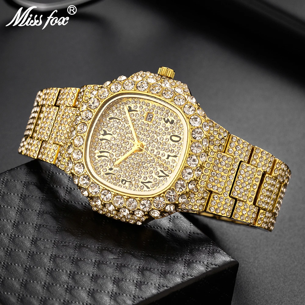 MISSFOX Iced Out Men Wristwatch Luxury Fashion Gold Quartz Watches Hip Hop High Quality Waterproof Male Diamond Clock New Gift