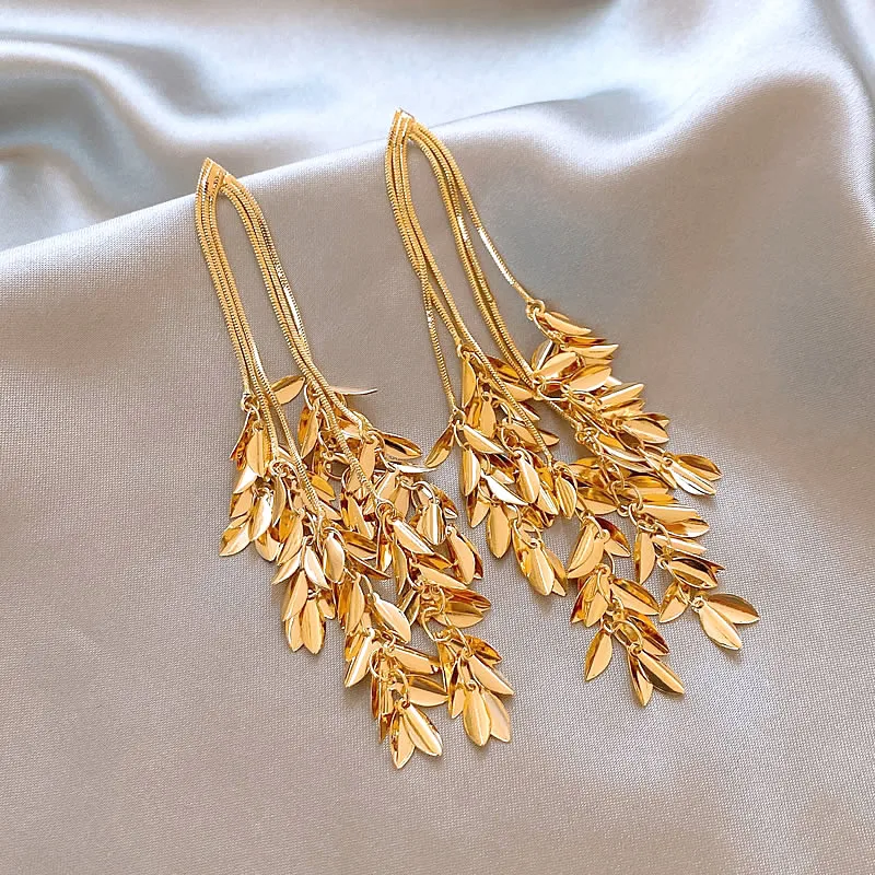 Kupferlegierung Metall Goldfarben Blatt-Quasten Lange Ohrringe Sexy Accessoires für Europäische und Amerikanische Frauen 2025 Trendiger Schmuck – Detail 6