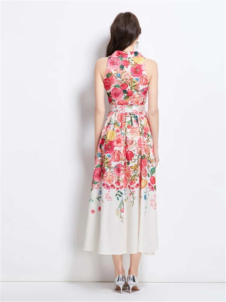 Moda Elegancka sukienka Maxi w kwiaty Letnie kobiety Wakacje Bez rękawów Czerwony kwiatowy nadruk Sukienki z paskiem Tank Sukienki Midi Długie Party Vestidos