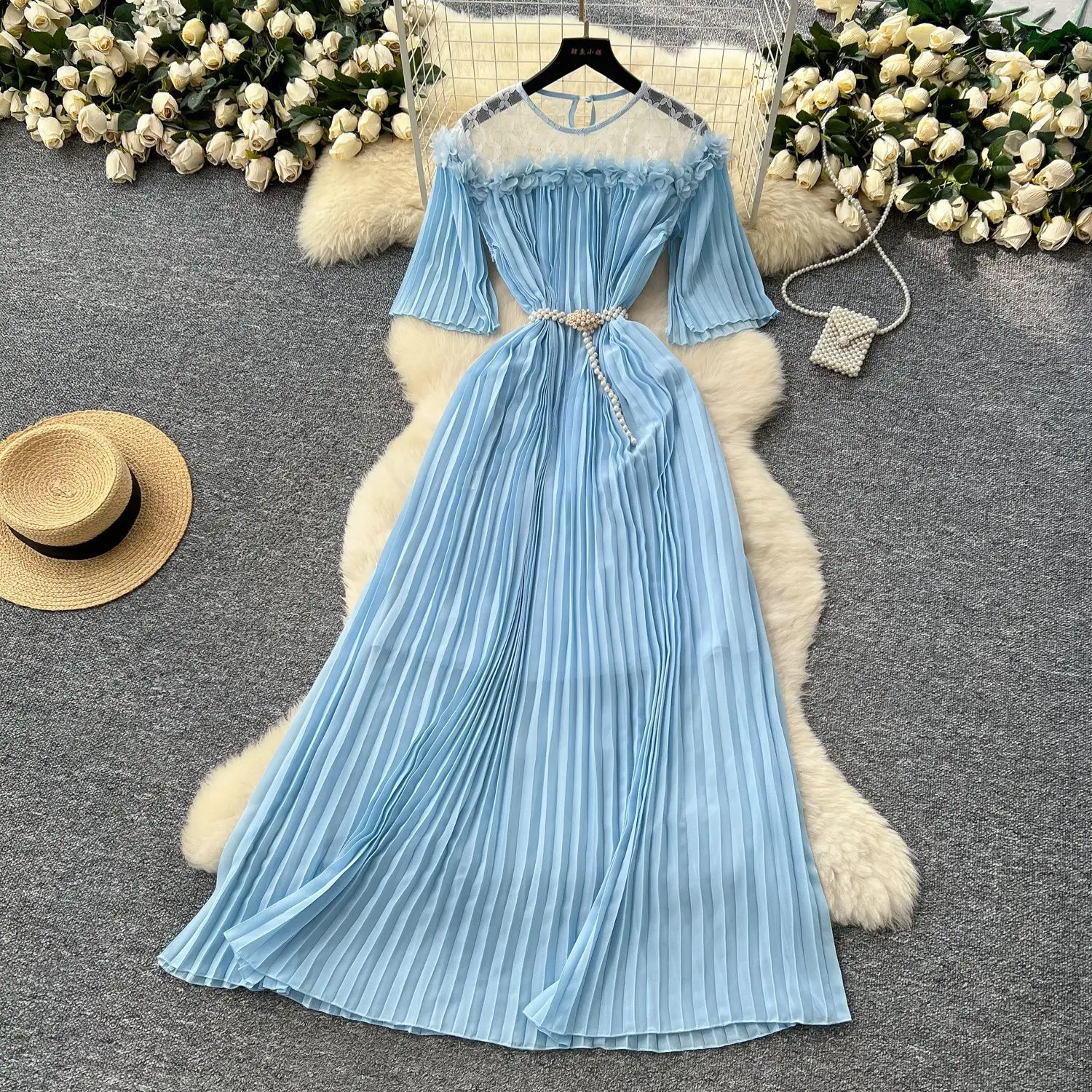 

Long Dress Women Dresses A Line Vestidos Streetwear Round Neck Short Sleeve Lace Elegant White Y2k Pleated High Waist Wedding