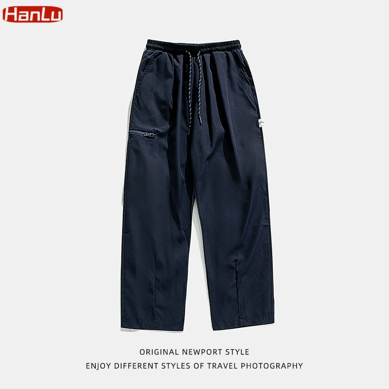 ผู้ชายขนาดใหญ่ Y2K Navy Cargo Sweatpants Baggy ขากว้างกางเกงซิป Drawstring กางเกง Streetwear