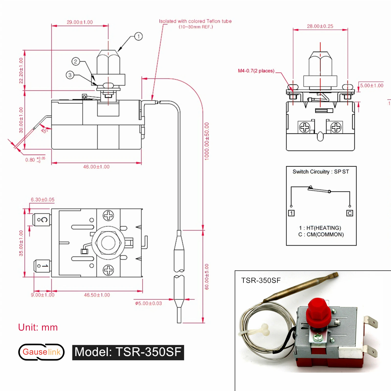 Bulb Capillary Thermostat Thermometer Temperature Safety Limiter Control Switch W/ Manual Reset TSR- For Boiler Heater Cooker