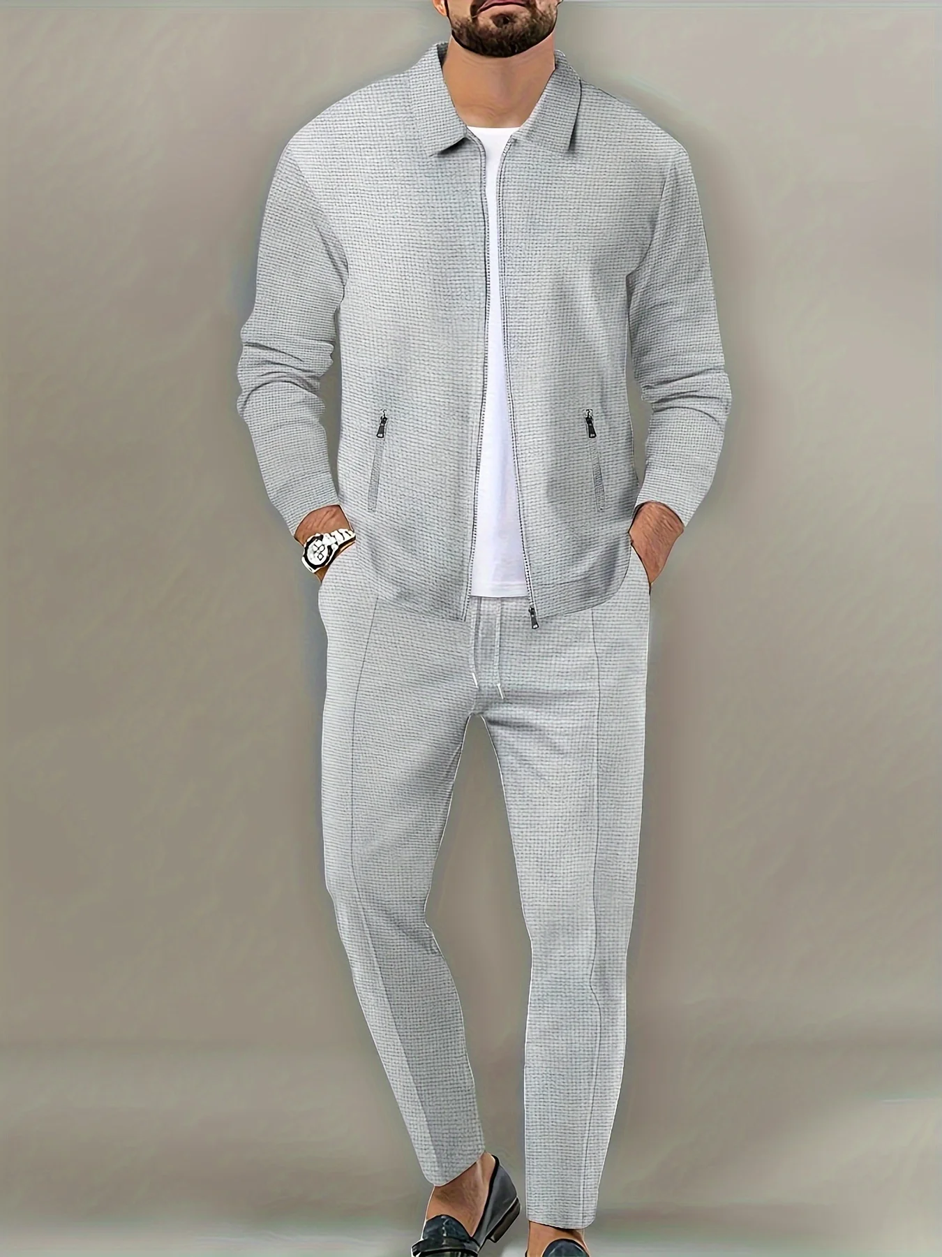 Men\'s Slim Fit Jacket with Zipper Pocket, Long Sleeved Sportswear, Cardigan Jacket Set, Long Pants, Elegant, two-Piece Set